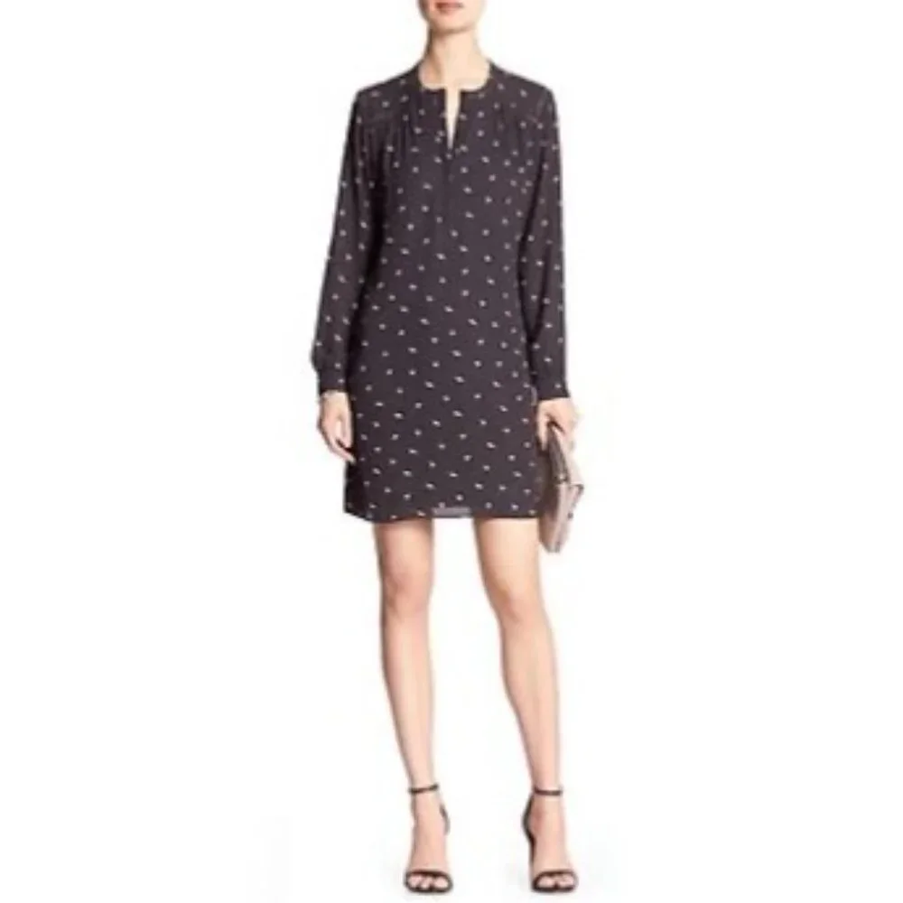 Banana‎ Republic Gray Ladder-Lace Bird Print Shift Dress Size S Chiffon Lined